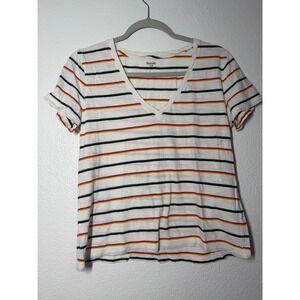 Madewell Womens V-Neck T-Shirt White Red Yellow Green Striped Cotton Top Size M
